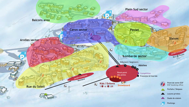 Val Thorens apartments, sectors of resort