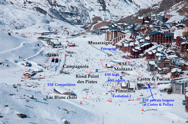 Val Thorens beginners' area - view of Rond Point des Pistes, Campagnol and Musaraigne, and ski school meeting points